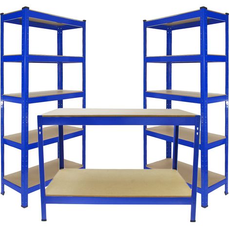 Scaffale da Garage ad Incastro T-Rax Scaffali per Garage Scaffalature Officina in Acciaio e MDF Senza Bulloni Mensole per Garage - Blu - 90cm x 45cm - 2 Pezzi e Banco da Lavoro Q-rax 120cm