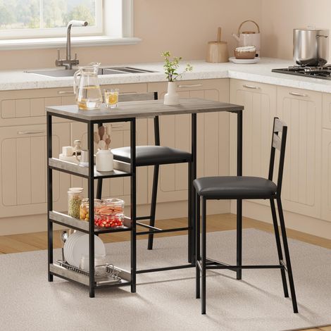 Ensemble de table de bar 3 pièces peu encombrant avec 2 tabourets rembourrés, table de cuisine avec étagères à 3 niveaux, étagère à vin intégrée, robuste, en bois et métal (1/5)
