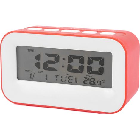 Réveil enfant LCD avec rétroéclairage, alarme musicale, fonction compte à rebours et rappel d'anniversaire réveil numérique rouge. (1/5)