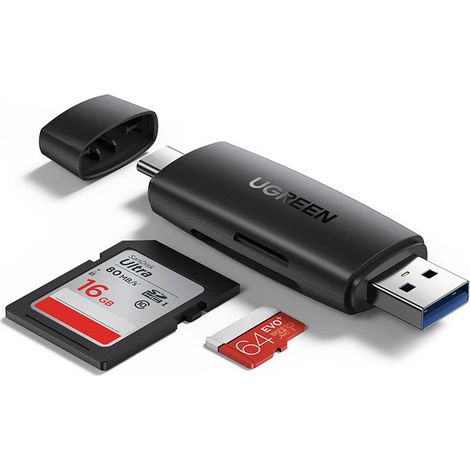 Adaptador USB + USB-C ugreen CM304 Lector de tarjetas SD + microSD (negro)