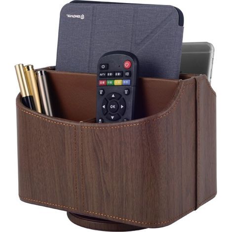 Pair 360° drehbarer Fernbedienungshalter – 5-teilig – Kunstleder – Multifunktionaler Schreibtisch-Organizer – Aufbewahrungsbox für iPad Mini/Stift/Telefon/Medien (Dunkelbraun)