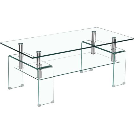 Tavolino da caffè in vetro temperato trasparente 100 x 55 x 45 cm con struttura in metallo (1/5)