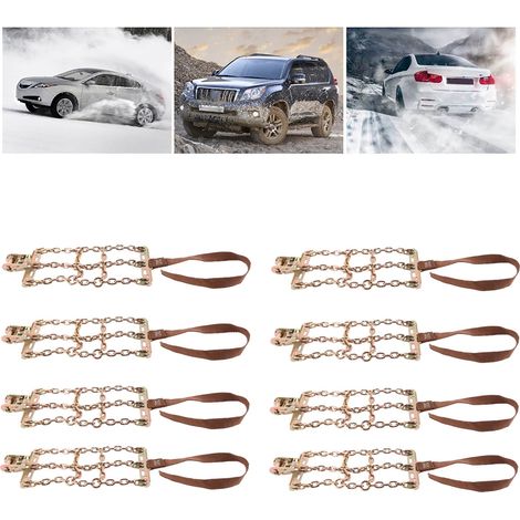 Huit chaînes à neige universelles réglables d'urgence à pneus épaissis à vendre, adaptées aux voitures, SUV et camionnettes (en surpoids) avec des largeurs de pneus comprises entre 165 mm et 265 mm. (1/5)