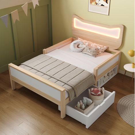 MEUBLIV Cama infantil 90x190 cm blanca y roble con cabecero gato LED RGB y almacenaje (1/5)