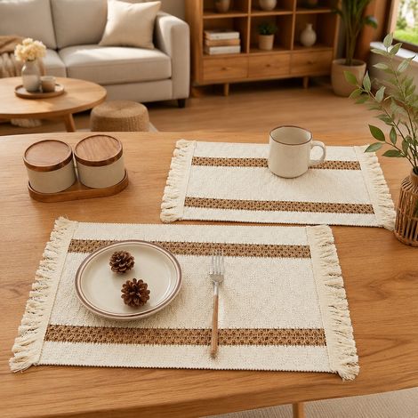 Lot de 2 Sets de Table Tresses Jute et Coton Kaki 30 x 45 cm Style Naturel avec Franges Nouees, pour Table Bistrot et Deco Boheme (1/4)