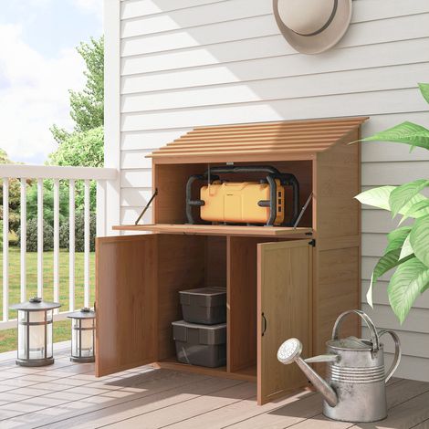 Garten-Aufbewahrungsschrank mit ausklappbarem Tisch, Werkzeugschrank mit Dach, 110 x 54 x 136 cm, Tannenholz, Braun