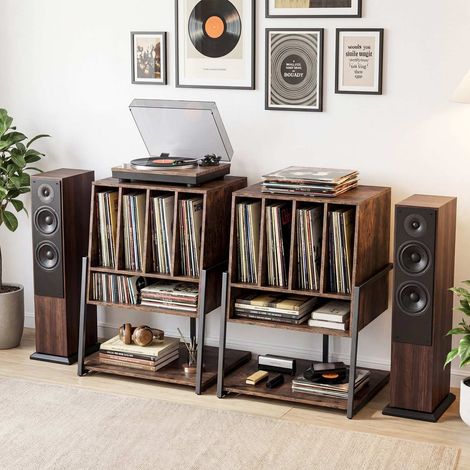 Meuble tourne-disques brun en acier avec 4 compartiments, plateau large et roulettes ou pieds réglables pour salon, bureau et studio (1/5)