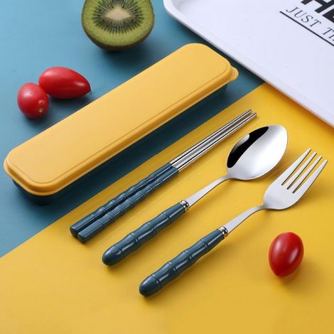 Couverts Réutilisables - Fourchette Cuillère Baguettes En Acier Inoxydable - Avec Étui Portable Pour Pique-Nique Et Boîte À Repas - Lot de 4 (1/5)