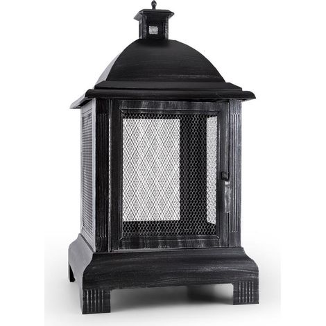 blumfeldt Loreo - Gartenkamin , Feuerschale , Terrassenofen , Feuerstelle , brünierter Stahl , Funkenschutz , Laternen-Design , Gitternetzflächen , Befeuerungstür , stabil , Gusseisen , schwarz