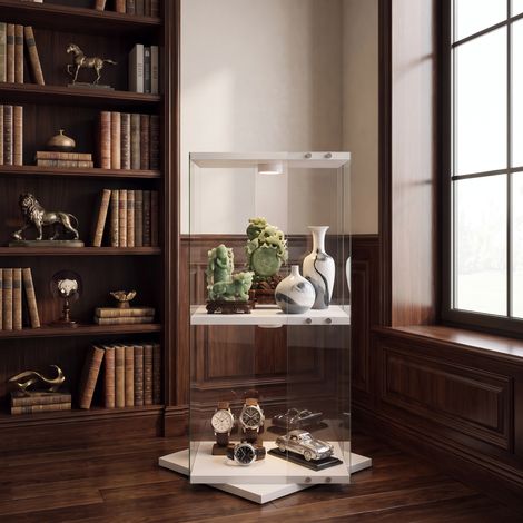 Vetrina in vetro girevole con illuminazione led - 38x38x82cm mobile espositore a 2 livelli per collezionismo soggiorno in vetro temperato e mdf - bianco (1/5)