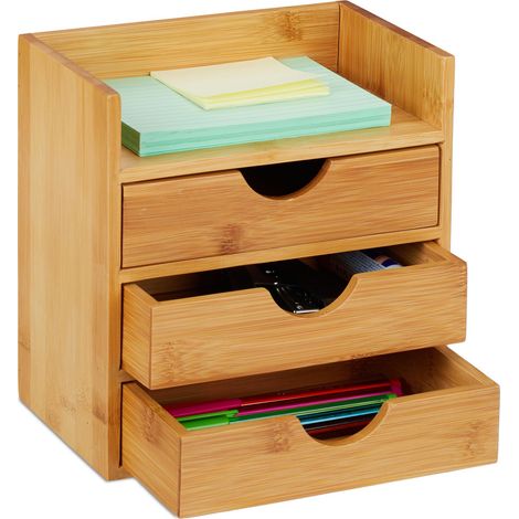 Relaxdays Bamboo Desktop Organizer, 3 Drawers, Desk Tidy, Office Storage Unit, Pen Holder, HxWxD: 21x20x13 cm, Natural (1/5)