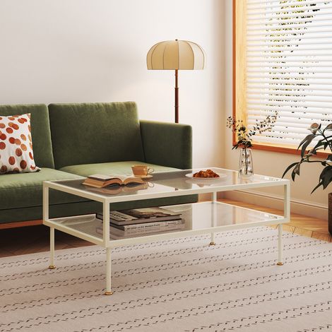 Couchtisch Lindau Stahl mit Glasplatte 100x50x46 cm Cremeweiß [en.casa]