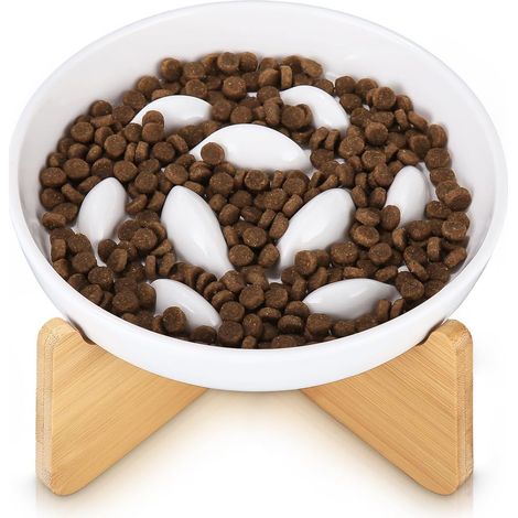 Raised Ceramic Cat Bowl with Bamboo Stand, Raised Cat Bowl with Non-Slip Base, for Cats and Small Dogs, Anti Vomiting, Round, White (1/5)