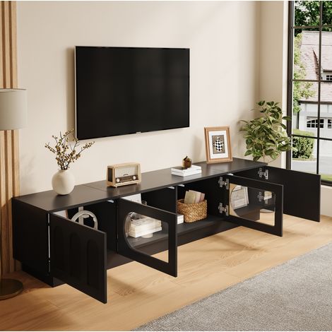 Mueble TV bajo de 200 cm con 4 puertas, LED controlado por app y puertas de cristal, negro, OKWISH (1/5)