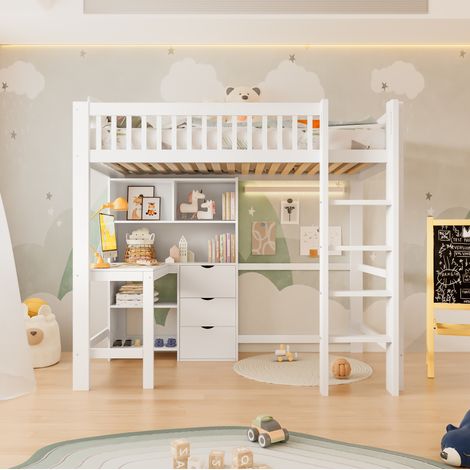 MEUBLIV Hochbett 90x200 cm Weiß – mit Schreibtisch und 3 Schubladen, ohne Matratze (1/5)