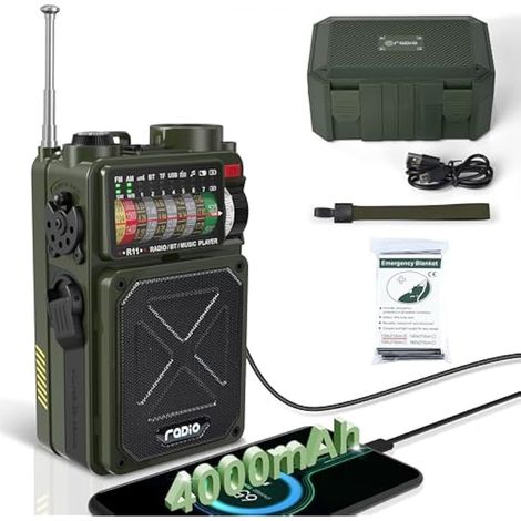 R11 Radio d'urgence solaire à manivelle 4000 mAh NOAA/AM/FM Radio à ondes courtes avec récepteur Bluetooth/USB/lecture TF, couverture thermique, boussole, lampe de poche, SOS, pour camping et (1/5)
