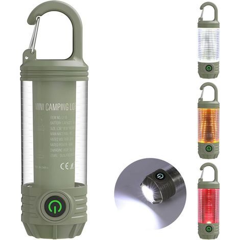 Wiederaufladbare Campinglampe mit Haken, tragbare Mini-LED-Taschenlampe, 6 Leuchtmodi, wasserdichte Notleuchte für Stromausfälle und Hurrikanbedingungen (dunkelgrün) (1/5)