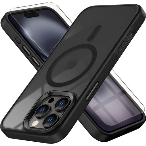 Custodia per iPhone 16 Pro, compatibile con MagSafe, finitura opaca, trasparente/nera + pellicola protettiva per lo schermo. (1/5)