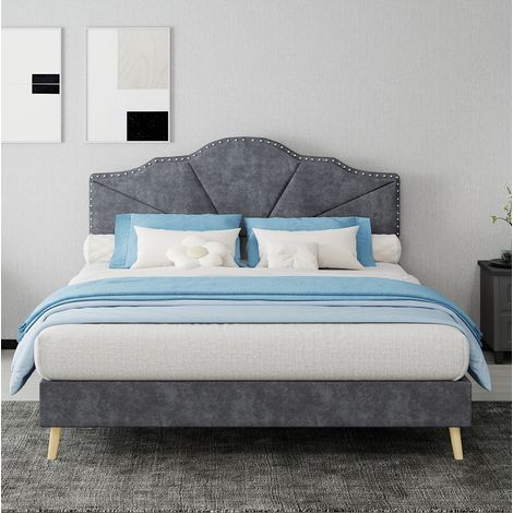 Bett Stoff Grau 140x200 cm mit gepolstertem Kopfteil und Lattenrost (1/5)