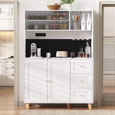 Buffet haut avec prise intégrée et panneau perforé, meuble bar avec porte-verres, rangements et tiroirs, armoire de cuisine et salle à manger,Blanc (1/5)
