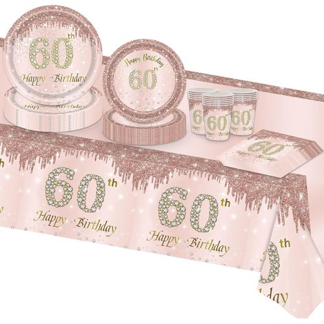 Rose Or Assiette Jetable Vaisselle Lot pour Anniversaire 60 ans - Papier Gobelet Serviette Nappe pour Deco Fille Femme 16 Invités (1/5)