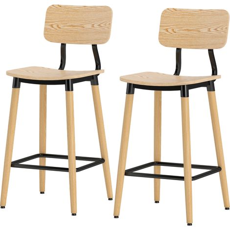 Tabourets de bar avec dossier bois métal marron clair lot de 2 pour cuisine îlot