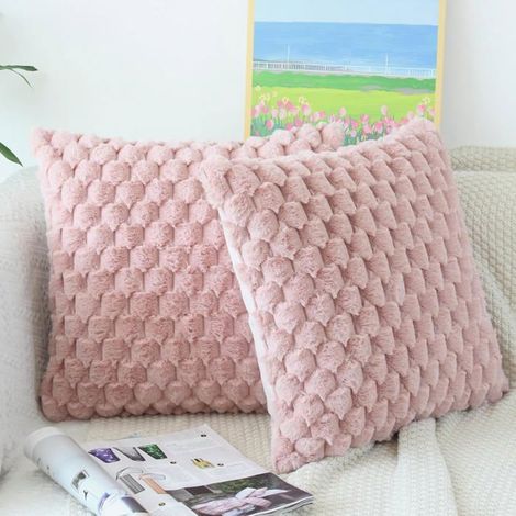 Lot de 2 housses de coussin moelleuses,50 x 50 cm, En peluche douce et rayée ,Pour canapé, salon, canapé, Rose (1/4)