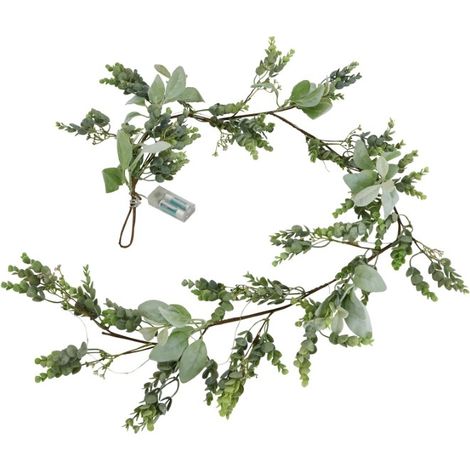 LED Winter Garland with Eucalyptus and Lambs Ear - Plastic - L153 cm - Green