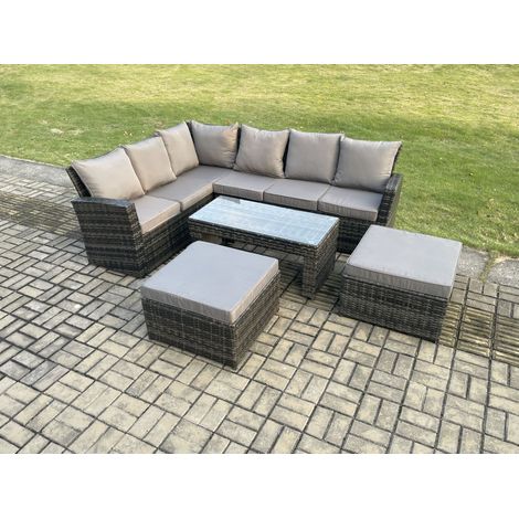 Fimous Gartenlounge Set Rattan Ecksofa Set mit 2 Großer Hockern Dunkelgrau gemischt (1/5)