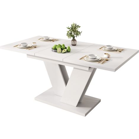Ensemble de table à manger avec 6 chaises, table à manger escamotable 120/160 x 80 cm, plateau épais, pieds en V, tissu de chaise en velours, table blanche, chaises beiges