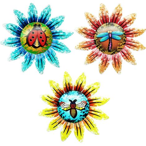 Set of 3 Metal Sun Flower Wall Decorations, Hanging Sculpture for Beetle, Bee, Butterfly, Indoor and Outdoor, Garden, Fence, Home (1/5)