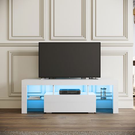 Meuble TV Bas  - Lumière LED Réglable avec Télécommande - Grande Capacité, SIRHONA - Blanc 130x35x45 cm (1/5)