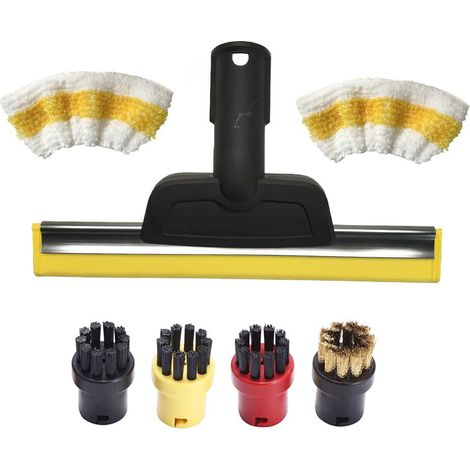 Kit accessoire nettoyeur vapeur Kärcher SC1 SC2 SC3 SC4 SC5 : 1 raclette vitre jaune + 4 brosses poils noirs multicolores + 2 housses de chiffon jaune et blanc (1/2)