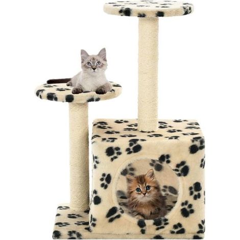 Arbre à chat avec poteaux à griffer en sisal, 60 cm de long, beige, à motif d'empreintes de pattes.