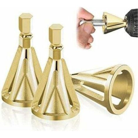 Ensemble de trois outils d'ébavurage et de chanfreinage, hexagonaux et triangulaires, adaptés à l'ébavurage des forets. (1/5)