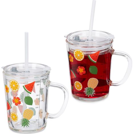 Relaxdays Verre pour enfant en lot de 2, motif de fruits, avec anse, couvercle et paille, 400 ml gradué, transparent