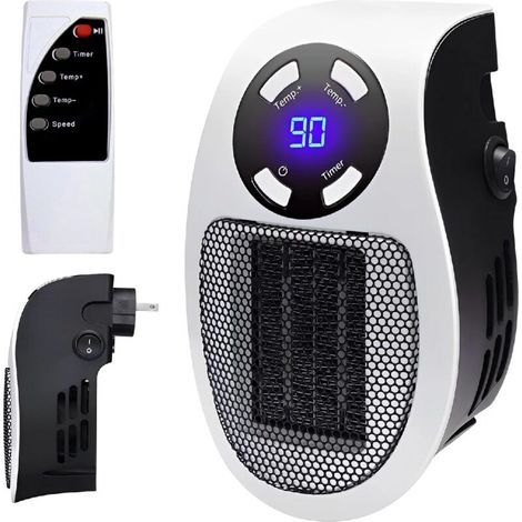 Chauffage Enfichable 500W,Mini Chauffe-Air Électrique Socket, Chauffage D'espace Mural avec Télécommande, Radiateur Électrique Soufflant 500W avec 2 Vitesses D'air, Thermostat, Timer (1/4)