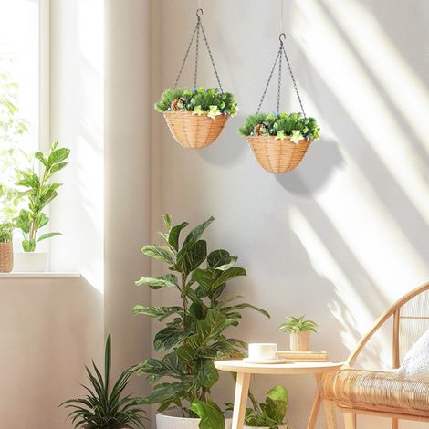 Dual Pack Artificial Flowers in Basket - Lifelike Decor with 9 Plant Types, Easy to Hang, Maintenance-Free, Perfect for Home and Office