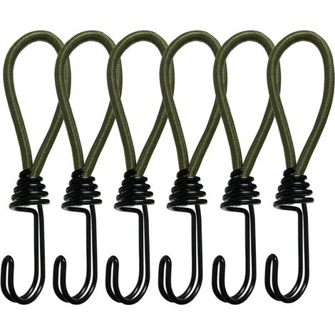Green - 6-piece elastic cord with hook, 15cm rubber bungee cord with spiral hook, for camping, luggage and tarpaulins (1/4)