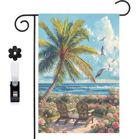 Drapeau de jardin palmier et vacances d'été pour le balcon 30 x 45 cm décoration cour et balcon (1/5)