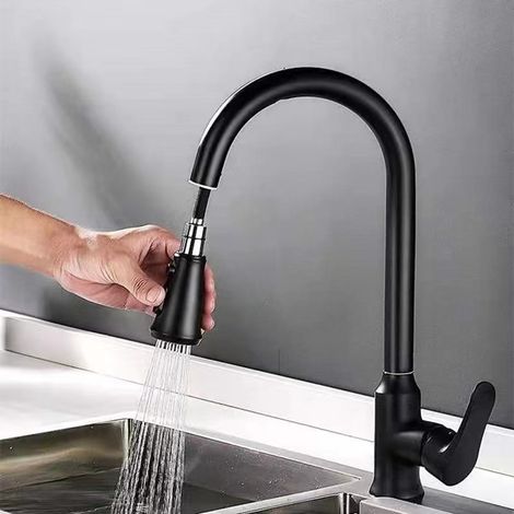 All-copper pull-out kitchen sink faucet, retractable hot and cold water faucet for home use – black alloy body, pagoda design, with inlet hose.