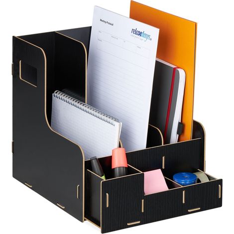 Relaxdays Archivador, 3 Compartimentos, Formato A4, Revistero, Organizador Material Escritorio, Oficina, MDF, Negro
