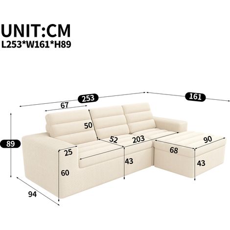 Canapé d'angle modulable compressé en L 253x161x89 cm beige en velours côtelé, design sans cadre, canapé nuage sans montage (1/5)