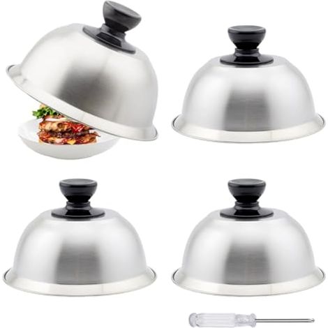 Cloche de Cuisson 16 x 10 cm, 4 Pcs Cloche Alimentaire INOX, Capots de Hamburger, Cloche à Chaleur pour Steak Haché en Acier Inoxydable avec Mini-Tournevis, pour Barbecue, Steak, Hamburger (1/5)