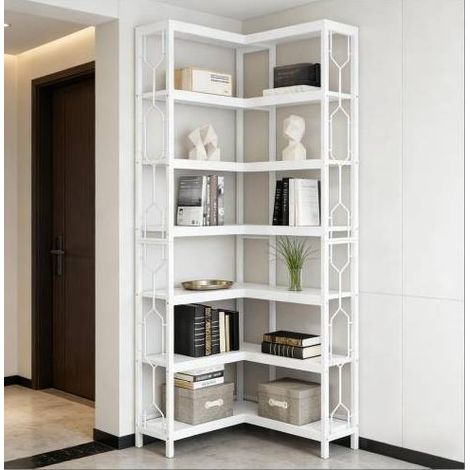MEUBLIV etagere d'angle bibliotheque blanche sur pied en bois et metal (1/5)