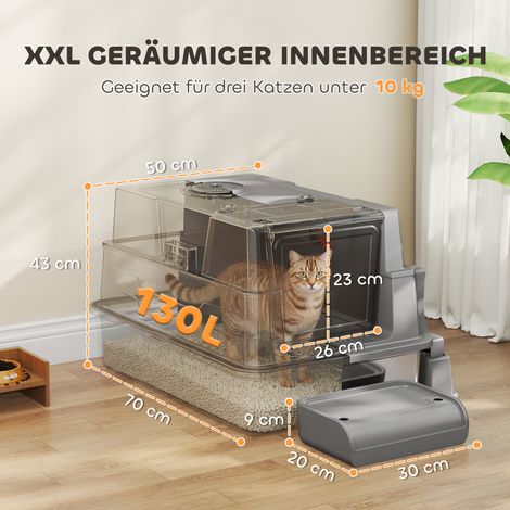 Katzenklo XXL Edelstahl Katzentoilette 130L mit 180° Klappdeckel Hohen Seitenwänden Schaufel Trittstufe 70x50x43cm Grau (1/5)