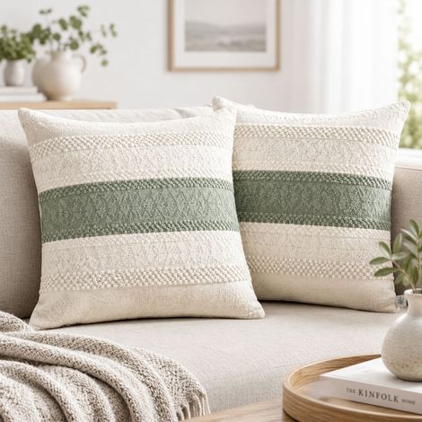FLITI Housse de Coussin 40x40cm Vert Sauge en Coton Lin, Lot de 2, Style Bohème Moderne avec Rayures Tissées pour Canapé Salon Chambre (1/5)