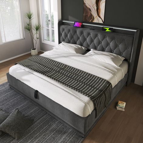 Lit double rembourre avec coffre et LED 140x200 cm, tissu lin gris, tete de lit capitonnee avec USB et Type-C, sommier a lattes (1/5)