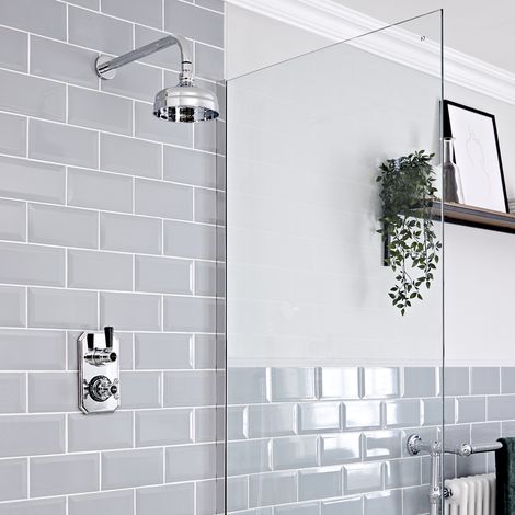 Hudson Reed Elizabeth - Mitigeur thermostatique à une fonction&44 Pommeau pluie rond de 15 cm et bras mural - Chromé et Noir (1/5)