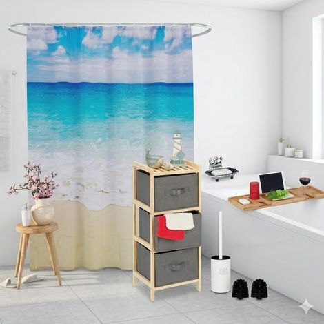 Ensemble de salle de bain style vintage en bambou (5 pièces) – Rideau de douche, porte-savon en fonte et plateaux de bain (1/5)